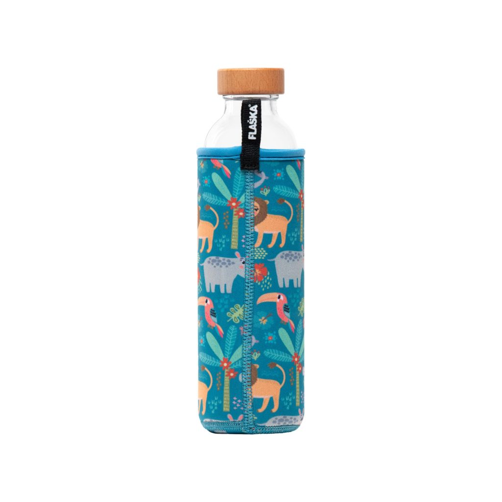 Flaska Animal Kingdom BPA-free water bottle for kids and nature-friendly lifestyles with colorful neoprene sleeve