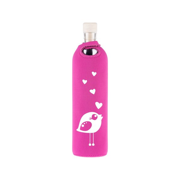 Flaska Birdy BPA-free structured water bottle with cork stopper in pink design and reusable sleeve
