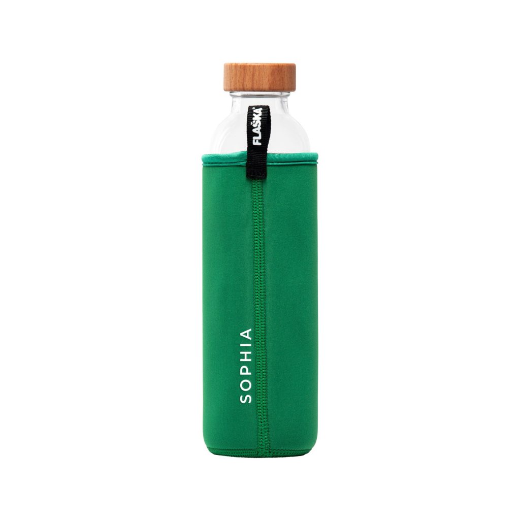 Back view Flaska Dance borosilicate glass water bottle for active lifestyles and everyday hydration on green neoprene sleeve