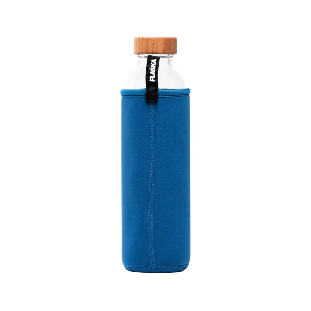 Back view Eco-friendly Flaska Dream structured water bottle with inspirational quote and cork top on a neoprene sleeve