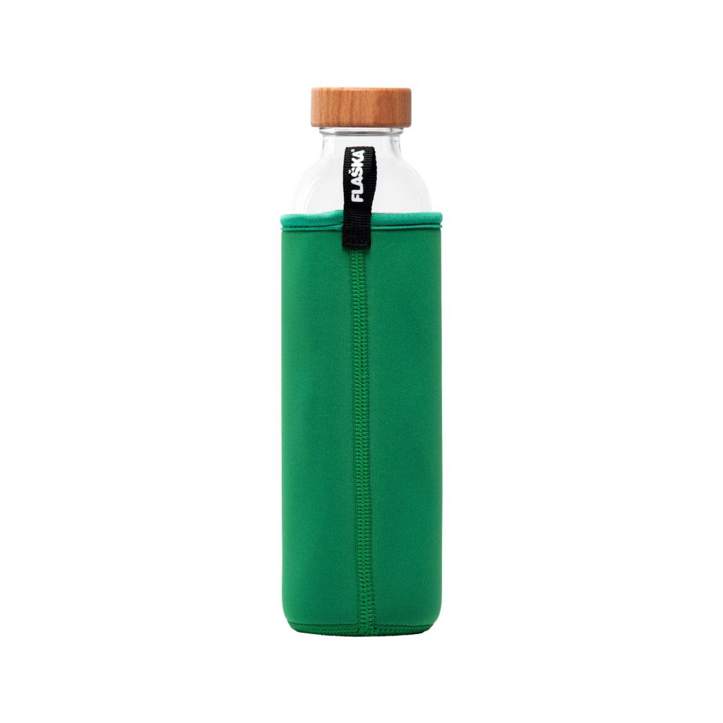 Sustainable Flaska Evergreen structured water bottle with cork protection and natural design on neoprene sleeve back view