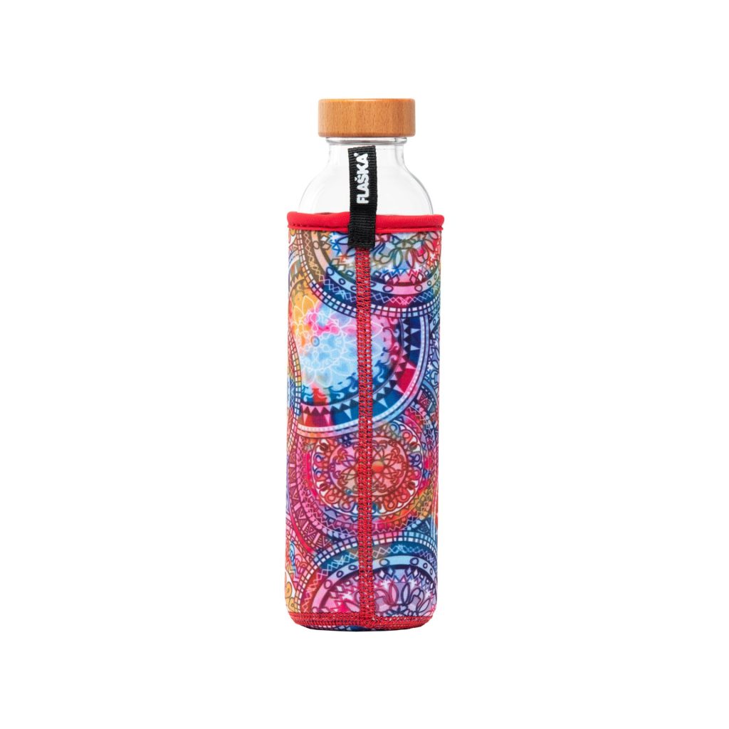 Artistic water bottle Flaska Mandala in a Neoprene sleeve with vibrant mandala design on the glass bottle and structured water benefits