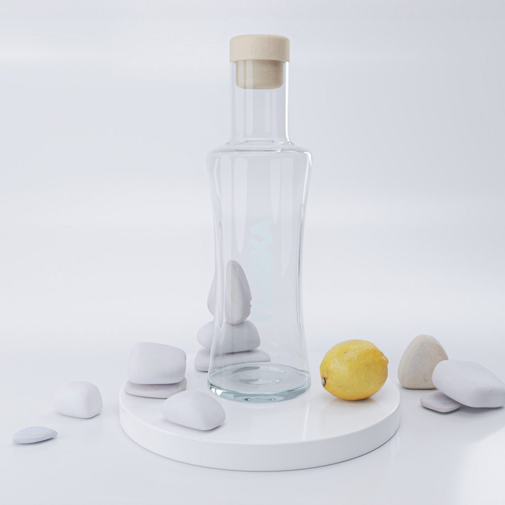 Jug Vodan with lemon and stones, representing fresh structured water lifestyle