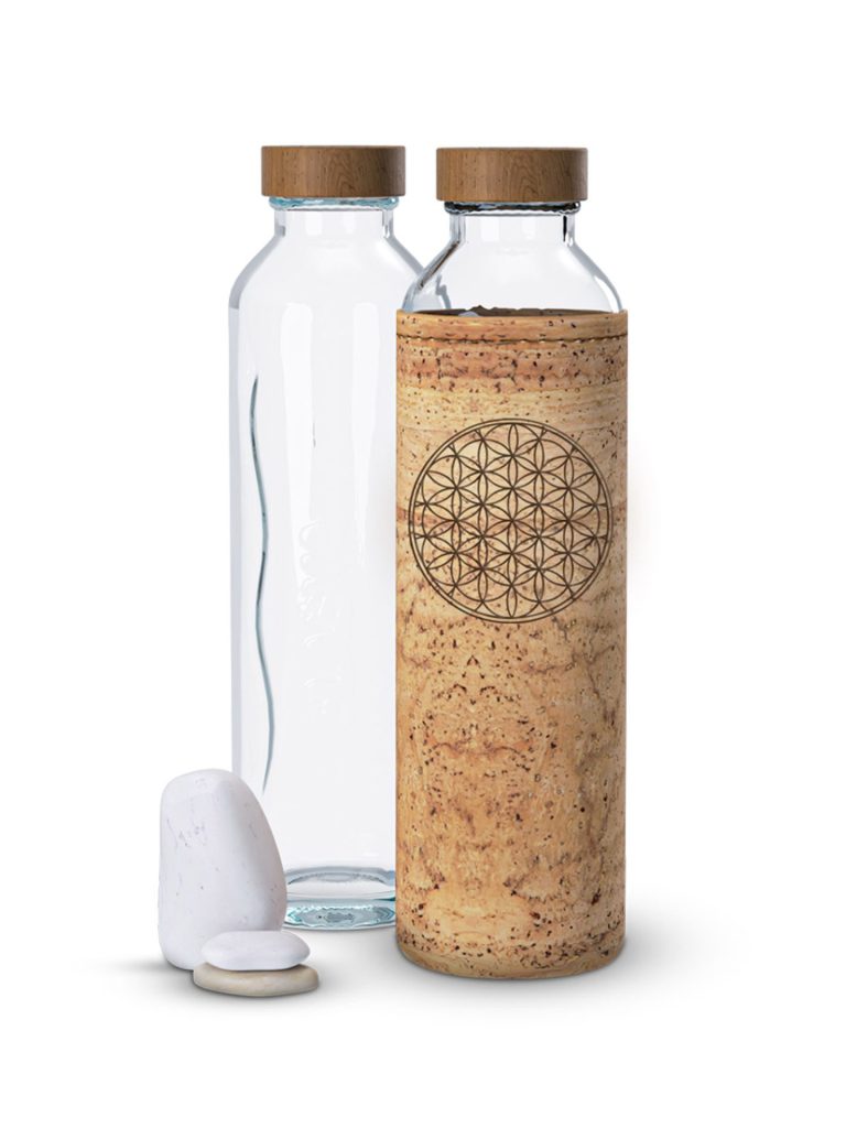 Flaska structured water bottle in cork sleeve with flower of life design and protective crystal cap.