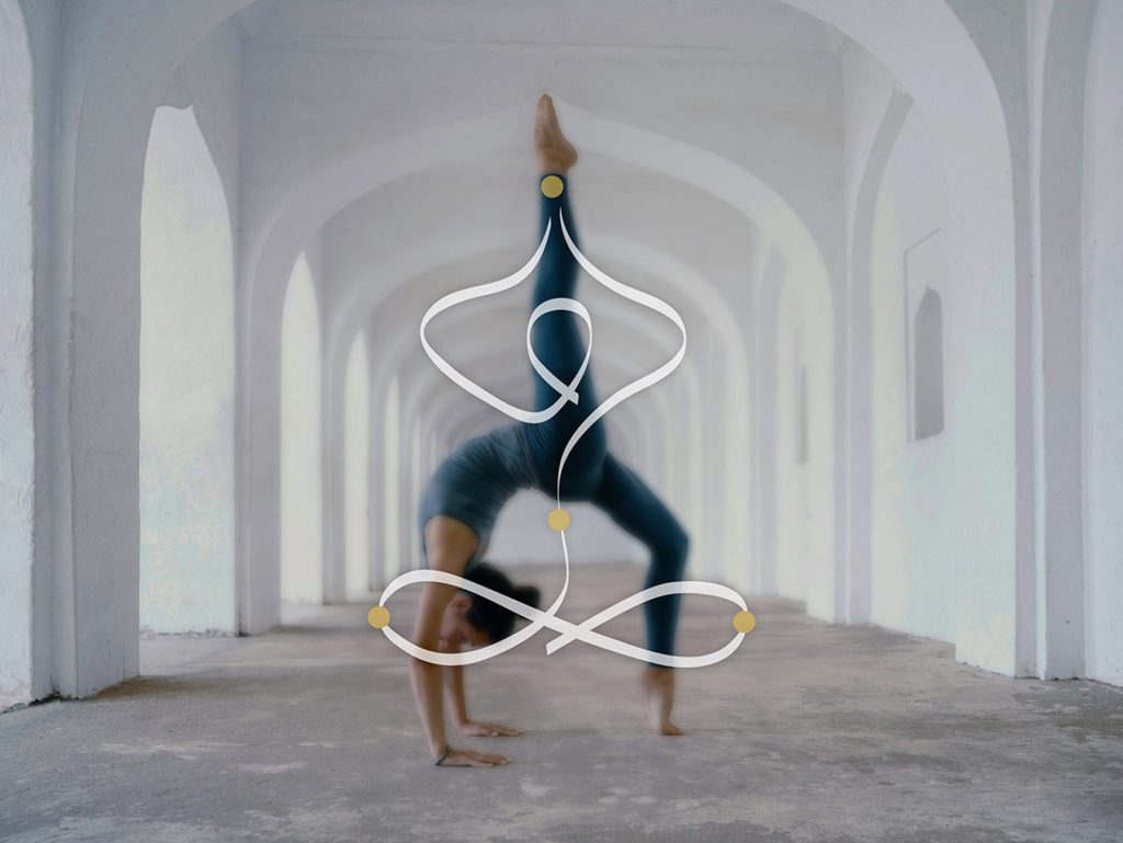 Woman in a yoga pose with white spiritual line art overlay, representing the Flaska structured water bottle Yoga Collection.