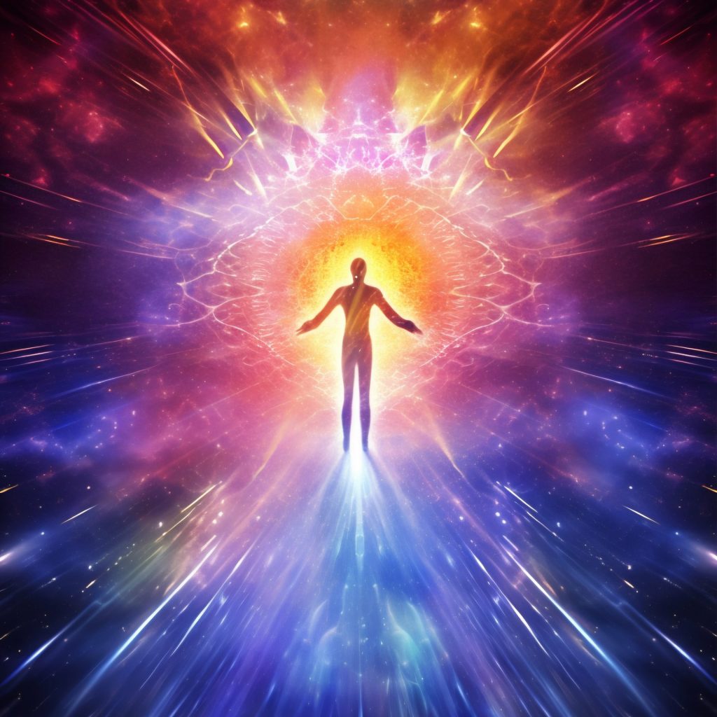 Illustration of human biofield radiating vibrant energy, representing scientific research on the influence of structured water from Flaska glass bottles on human energy levels and stress reduction